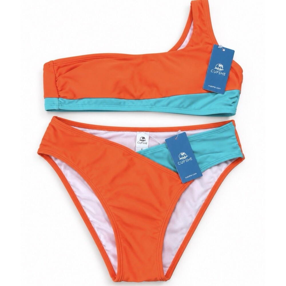 Cupshe Women's One Shoulder Colorblock Bikini Neon Orange Turquoise NWT Med